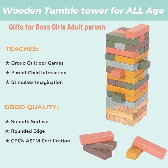 Wooden Blocks Stacking Games, 48PCS Tumbling Stacking Blocks Game for Kids and Families, Wood Colorful Balancing Blocks Montessori Toys for Kids