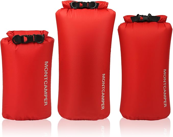 3-pack 30D Nylon Waterproof Dry Bag-Portable Waterproof Storage Sack for Kayaking, Hiking and Rafting-Roll Top Closure-Float on Water(5L/10L/20L,Red)