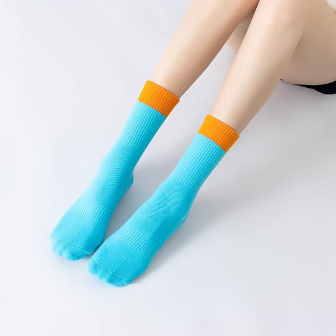 Yoga Pilates Socks with Grips for Women Non Slip Color Blocking Cushioned Crew Socks for Barre Ballet Dance