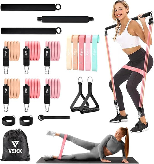 VEICK Pilates Bar Kit with Resistance Bands, Elastic Workout Bands for Men and Women, Set of 5 Resistance Loop Bands for Home Fitness, Stretching, Strength Training, Physical Therap