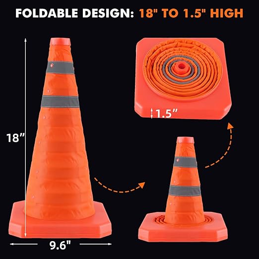 18 Inch 6 Pack Collapsible Traffic Safety Cones, Orange Cones with Reflective Collar, Portable Multipurpose Traffic Cones for Parking Construction Driving Training Sports Practice