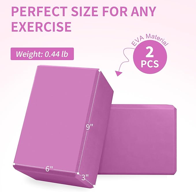 Yoga Block 2 Pack 9"x6"x3", Sturdy Yoga Foam Blocks, High Density & Non Slip Surface for Pilates & Stretching, Fitness Accessories for Stability & Balance