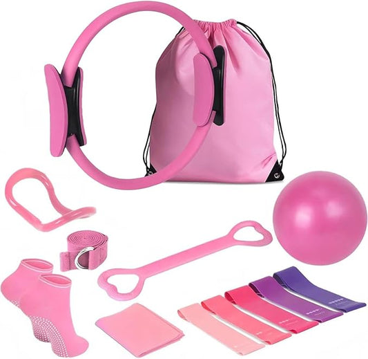Pilates Ring Circle Set 13 Pcs Exercise Equipment Accessories for Women Workouts Pilates Ball Stretching Strap Magic Circle Yoga Ring Gym Back Bag Resistance Band Anti Slip Socks