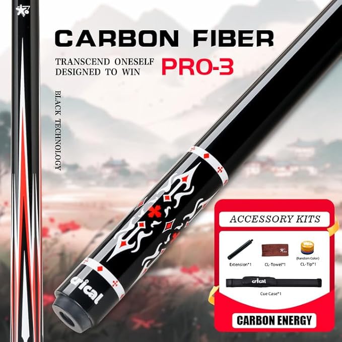 CRICAL Carbon Fiber Pool Cue Stick 58" Billiard Cue Sticks Professional Low Deflection Pool Sticks with 3/8 * 8 Pin Joint and 12.5mm Tip