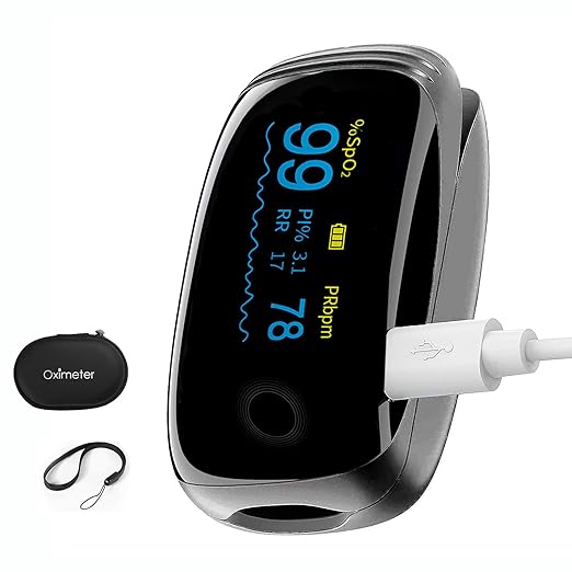 Rechargeable Pulse Oximeter Fingertip Oxygen Monitor Fingertip with SpO2 Pulse Rate and PI RR OLED Precision Fast Oximeter SpO2 Reading Outdoor Sports Home (Black)