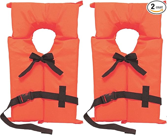2 Pack Coast Guard Approved Life Jackets. High Visibility Color Type II Keyhole Life Vest in Classic May West Style. Compliance Flotation Device