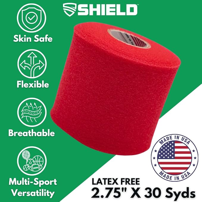 Shield Athletic Underwrap | Bulk Case of 48 Rolls of PreWrap, Hair Tie, Headband, USA Made, Pre-Wrap Athletic Tape, 2.75" X 30 SYards, Foam Barrier, Flexible, Breathable (Red)