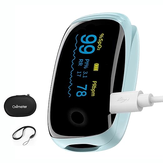 Rechargeable Pulse Oximeter Fingertip Oxygen Monitor Fingertip with SpO2 Pulse Rate and PI RR OLED Precision Fast Oximeter SpO2 Reading Outdoor Sports Home (Blue)