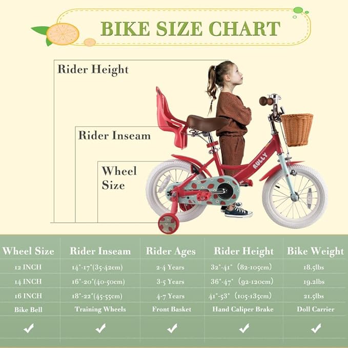 RULLY Fruit Kids Bike 12 14 16 Inch Bicycle for Girls Ages 2-7 Years, Training Wheels Included, Girl Bikes with Basket & Doll Seat