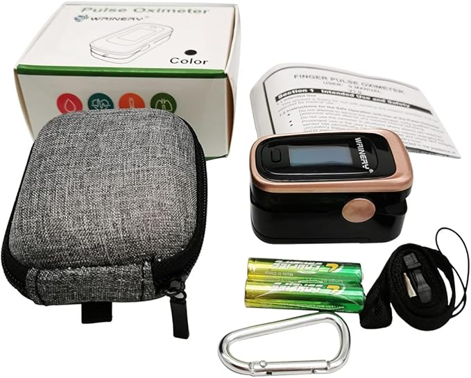 Oxygen Saturation Monitor, Wrinery Premium Pulse Oximeter Fingertip, Oxygen Monitor, O2 Saturation Monitor, OLED Portable Oximetry with Batteries, Lanyard (Rose gold-Royal black)