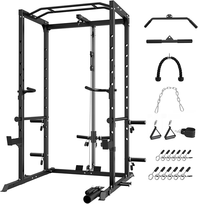 Power Cage, Multi-Functional Power Rack with J-Hooks, Dip Handles, Landmine Attachment and Optional Cable Pulley System for Home Gym