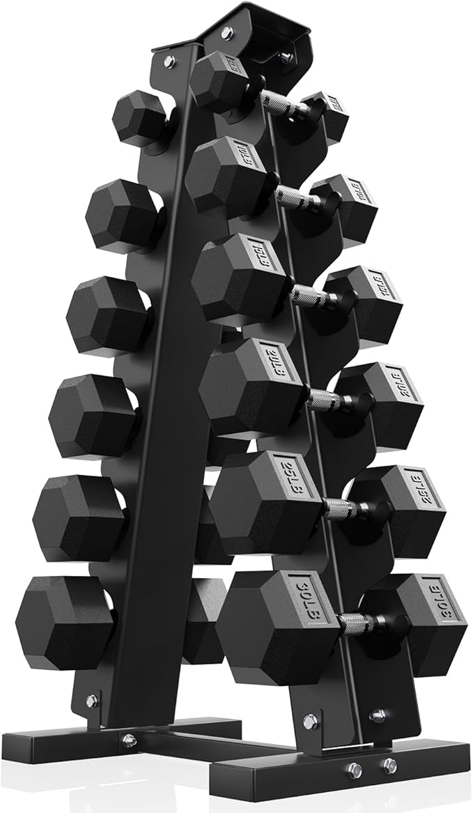 PAPABABE Hex Dumbbell Sets with Rack, 60-550lb Rubber Coated Dumbbell Weight Set and Storage Rack, Multiple Options Hand Weights for Strength Training