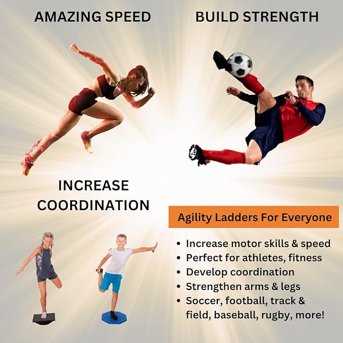 DELUXE EDITION Agility Ladder Training Set - 13 Rung 21ft Agility Ladder w/13 Disc Cones, Carry Bag - Improve Speed & Strength Soccer, Football, Basketball w/4 Steel Pegs for Outdoor Workout Charts