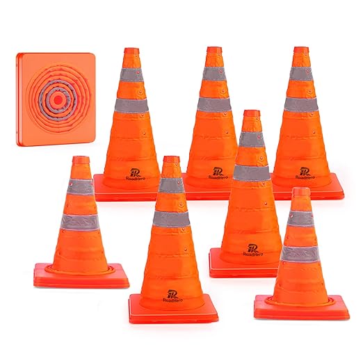 RoadHero 18 Inch 8 Pack Collapsible Traffic Cones, Multi Purpose Pop-up Orange Cones with Reflective Collar for Road Safety, Parking Cones for Sports, Driving Training