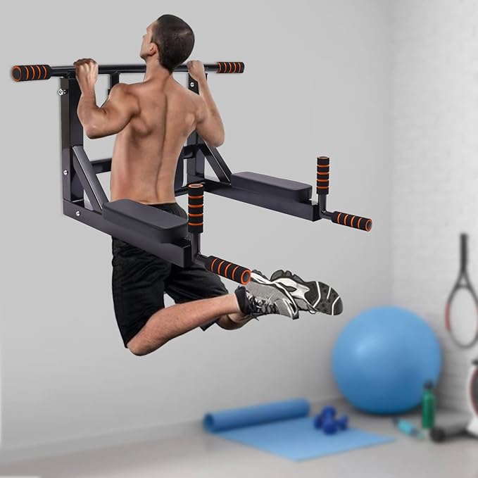 Wall Mounted Pull Up Bar Chin Up bar Multifunctional Dip Station for Indoor Home Gym Workout, Heavy Duty Steel Pipe Maximum weight 440 Lbs
