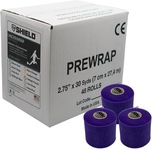 Shield Athletic Underwrap | Bulk Case of 48 Rolls of PreWrap, Hair Tie, Headband, USA Made, Pre-Wrap Athletic Tape, 2.75" X 30 SYards, Foam Barrier, Flexible, Breathable (Purple)