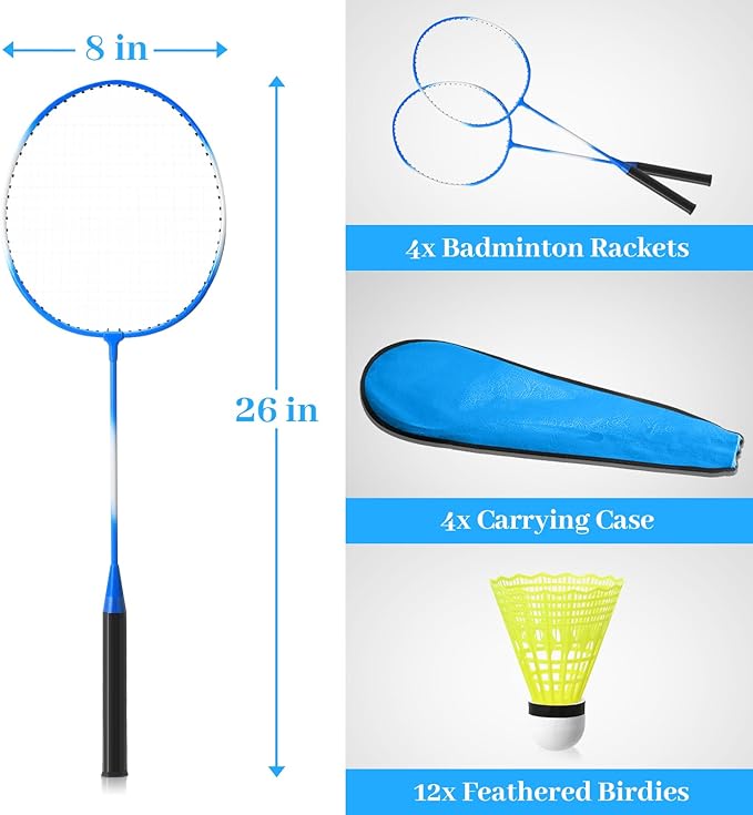 Woanger 8 Pieces Badminton Rackets Set with 12 Badminton and 4 Carrying Bag, Shuttlecocks Lightweight Ball Racquets Equipment Set for Adults and Teenagers