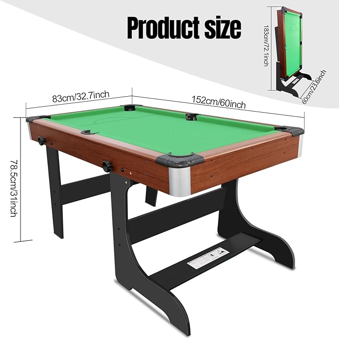 60-Inch Compact Folding Pool Table - No Assembly Required with Full Set of Balls, 2 Cues, Chal k and Brush for Indoor Family Games