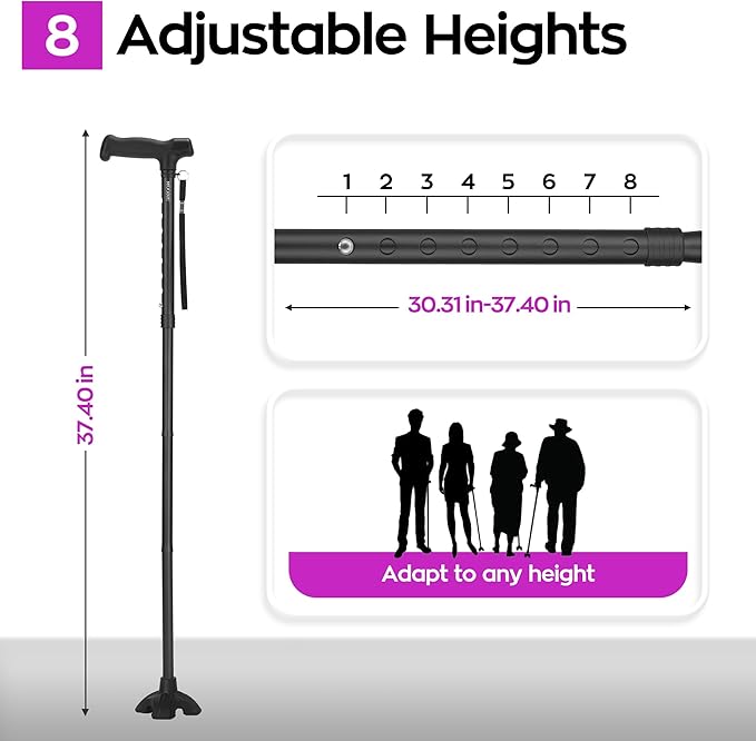 Walking Cane for Men and Women, Extended Handle; Solid Base; Foldable; Adjustable Heights; Lightweight; Heavy-Duty Canes for Seniors (Black)