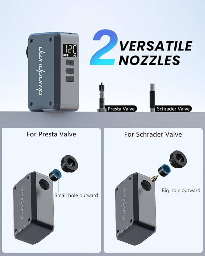 Bike Pump Electric DP5 PRO, 120 PSI Portable Bike Tire Pump with Gauge, Mini Bicycle Air Pump, Auto Shut Off, with Presta and Schrader Valves, for Road Bike, Mountain Bike, Sports Balls