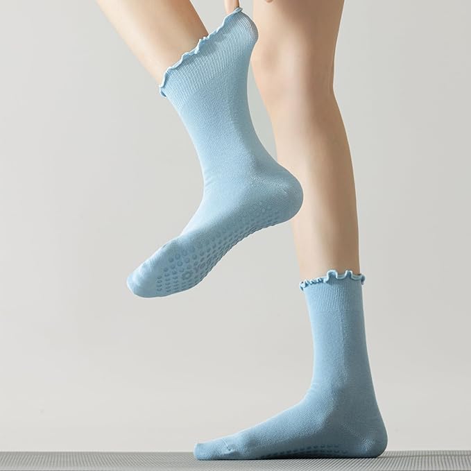 3 Pairs Pilates Socks with Grips Non Slip Ruffle Yoga Grip Socks for Women