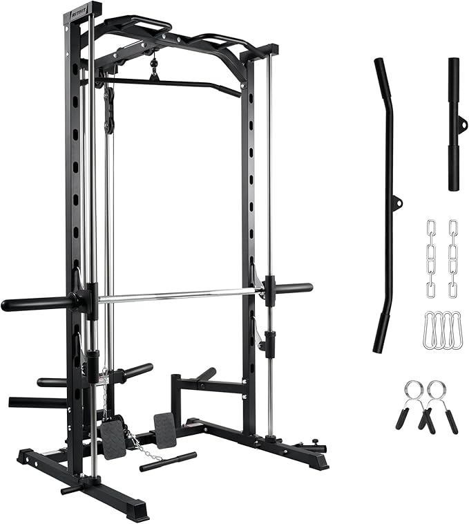 RitFit Smith Machine Power Rack with LAT-Pull Down System, Landmine, Barbell Bar, Plate Storage Pegs and More Training Attachment