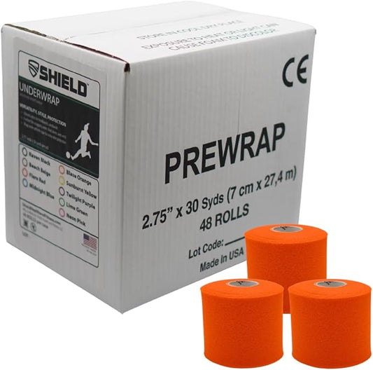 Shield Athletic Underwrap | Bulk Case of 48 Rolls of PreWrap, Hair Tie, Headband, USA Made, Pre-Wrap Athletic Tape, 2.75" X 30 SYards, Foam Barrier, Flexible, Breathable (Orange)