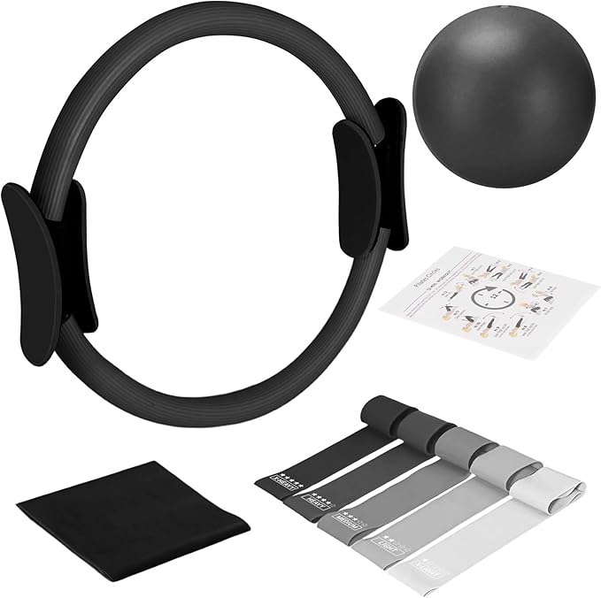 TOPZGLEEY Pilates Ring Set โ 14" Anti-Deformation Magic Circle with Padded Handles, Mini Ball, 5 Resistance Bands, Guide, Pilates Equipment for Home Workout