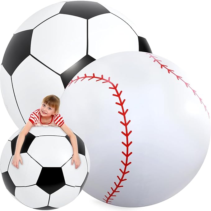 Lewtemi Giant Inflatable Sports Balls Large Inflatable Beach Ball Baseballs Soccer Rainbow Basketball Football for Sport Birthday Party Favor(2 Pcs,Soccer, Baseball,40 Inch)