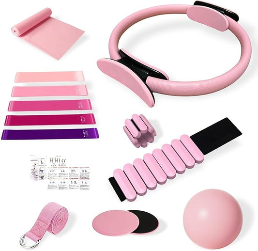 Pilates Ring Set Essentials Kit for Women with Magic Circle Ring and Ball,Core Sliders,Adjustable Ankle Wrist Weight,Exercise Resistant Bands,Accessories Equipment for Home Workout