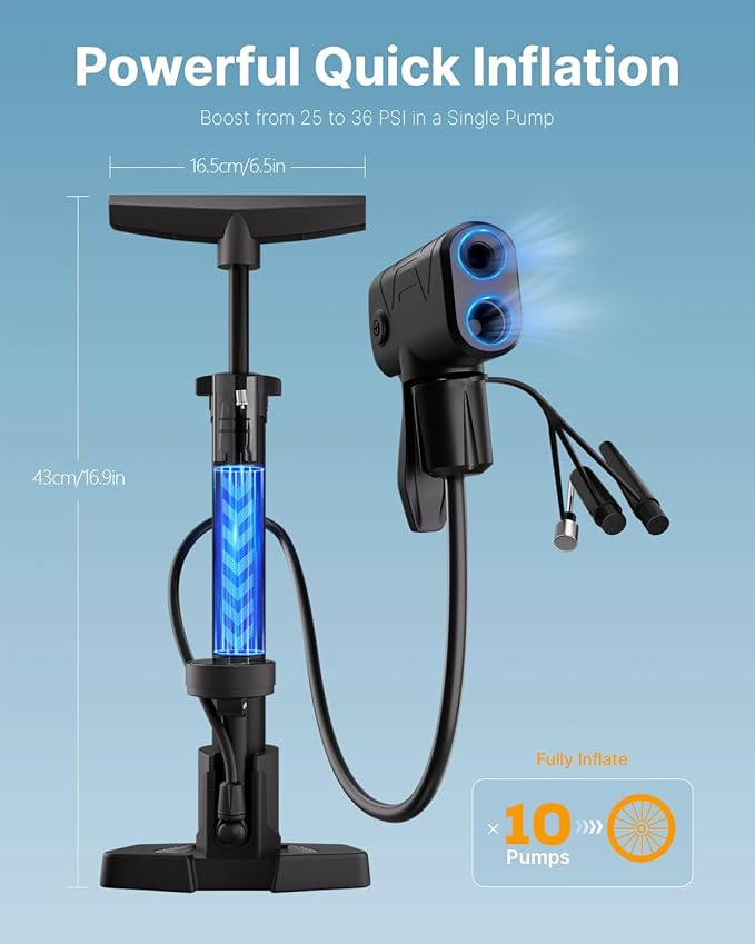 Bike Pump Presta & Schrader Valves, Bicycle Pump with Pressure Gauge for All Bikes, Bike Tyre Pump for Car Tyres, Foot Pump for Road Mountain Bikes & Balls