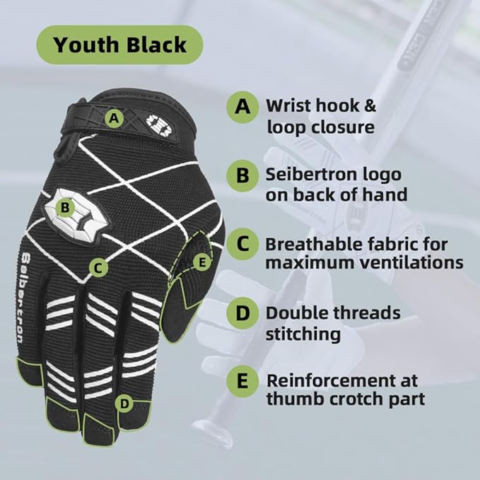 Seibertron B-A-R PRO 2.0 Signature Baseball + Softball + Teeball Batting Gloves Super Grip Finger Multiple 11 Sizes + 5 Colors Available Fit Adult Youth Kids Boys Girls Mens Women