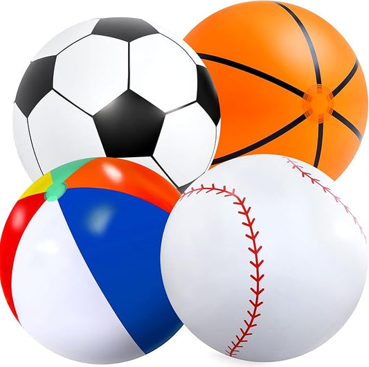 Lewtemi Giant Inflatable Sports Balls Large Inflatable Beach Ball Baseballs Soccer Rainbow Basketball Football for Sport Birthday Party Favor(4 Pcs,Soccer, Baseball, Basketball, Beach Ball,27 Inch)