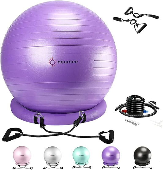 Exercise Ball Chair with Resistance Bands, Yoga Ball Office Chair with Stability Base for Home Gym, Workout Ball for Fitness, Large Size 65 cm