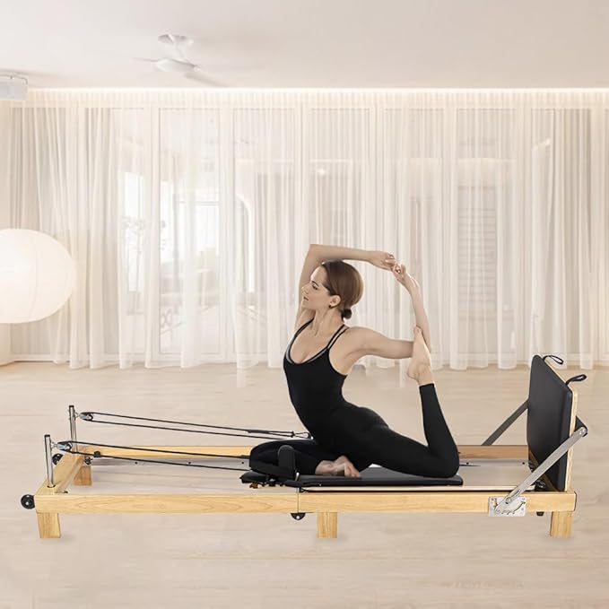 Pilates Reformer- Foldable Wood Yoga Exercise Machine Fitness Equipment with Reformer Box Jump Board Foot Strap, Durable and Quiet, Pilates Equipment up to 600 lbs Weight Capacity