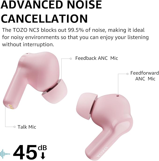 TOZO NC3 Hybrid Active Noise Cancelling Wireless Earbuds with 6 Mics AI Clear Call Ear Buds 55H Playtime with LED Display 32 Preset EQs via APP Bluetooth 5.3 IPX8 Waterproof in Ear Headphones