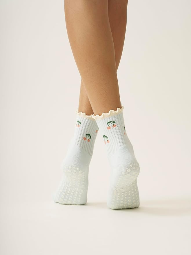 Crew Half Calf Grip Socks, Cutest Fruits Pilates Socks, Ruffle socks, Non-Slip, Barre Yoga Fitness
