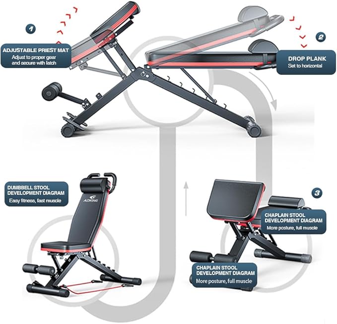 Adjustable Roman Chair for Home Gym – Foldable Back Extension Bench for Core, Hip & Lower Back Workout – Multi-Functional Hyperextension Bench with Tension Rope for Full-Body Exercise