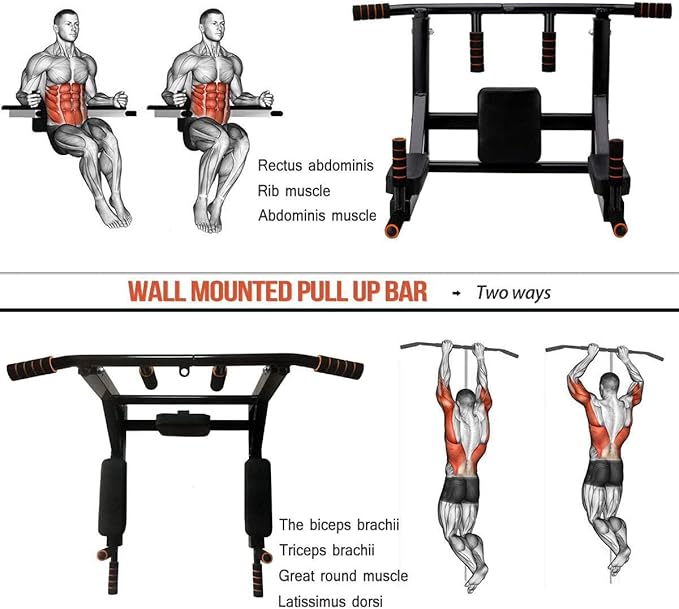 STARBRILLIANT Pull Up Bar Wall Mounted Chin Up Bar Wall Mount Multifunctional Dip Station for Indoor Home Gym Workout,Power Tower Set Training Equipment Fitness Dip Stand Supports to 440 Lbs