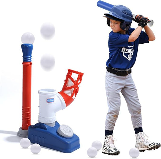 EagleStone Baseball Tee,T-Ball Set for Kids Ages 3-5, Toddler Baseball Set with Step-On Pitching Machine, Adjustable Batting Tee, Bat and 6 Balls - Perfect Outdoor Christmas Toys Gift for Boys