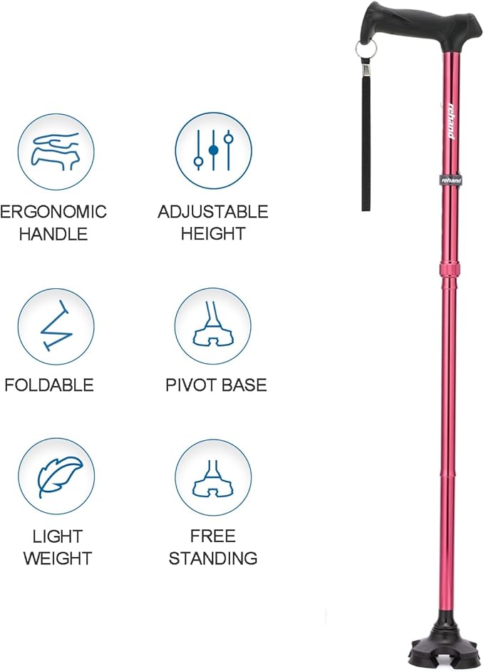 REHAND Walking Cane for Men & Women - Foldable, Adjustable, Lightweight, Self Standing Pivot Walking Cane, Soft Handle Grip, with Travel Bag, Walking Sticks for Seniors & Adults