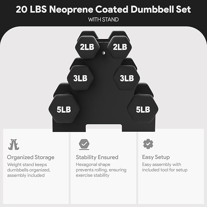BalanceFrom Rubber Coated Hex Dumbbell Weight Set with Storage Rack, 100LB or 150LB or 200LB Set, 5-20 lbs or 5-25 lbs or 10-30 lbs Pairs