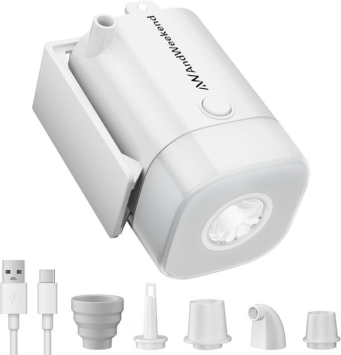 THE WEEKEND Portable Air Pump for Inflatables with Camping Lantern,3kPa Tiny Air Mattress Pump with 2000mAh Rechargeable Battery,Inflate Deflate for Sleeping Pads Pool Floats Inflatable Toys(White)