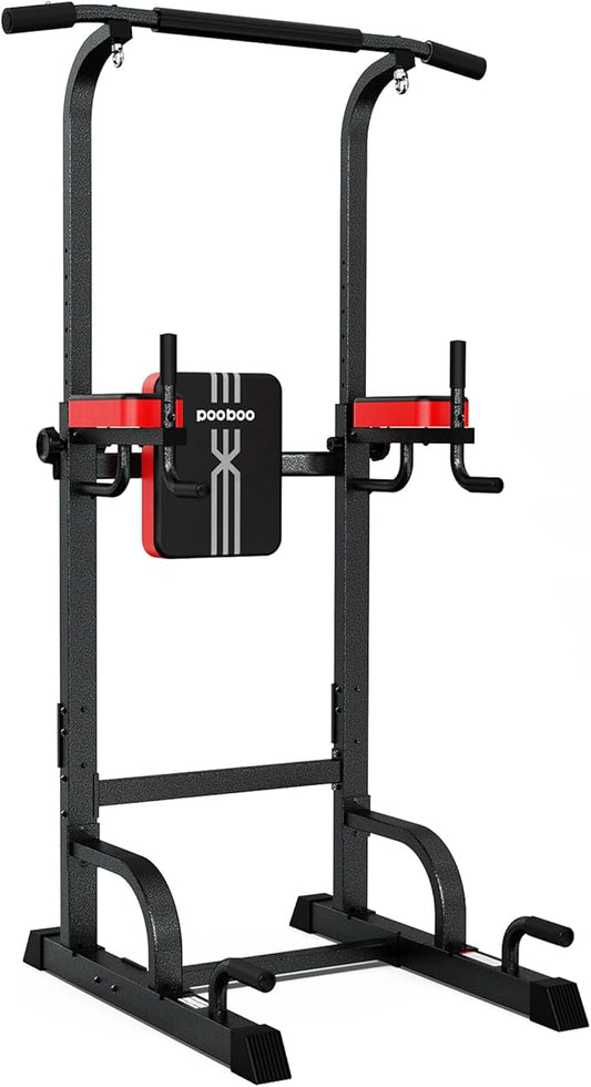 Pooboo Power Tower Dip Station Pull Up Bar for Fitness Home Gym Workout,Multi-Function Adjustable Height Fitness Strength Training Exercise Equipment,with Power Elastic Ropes