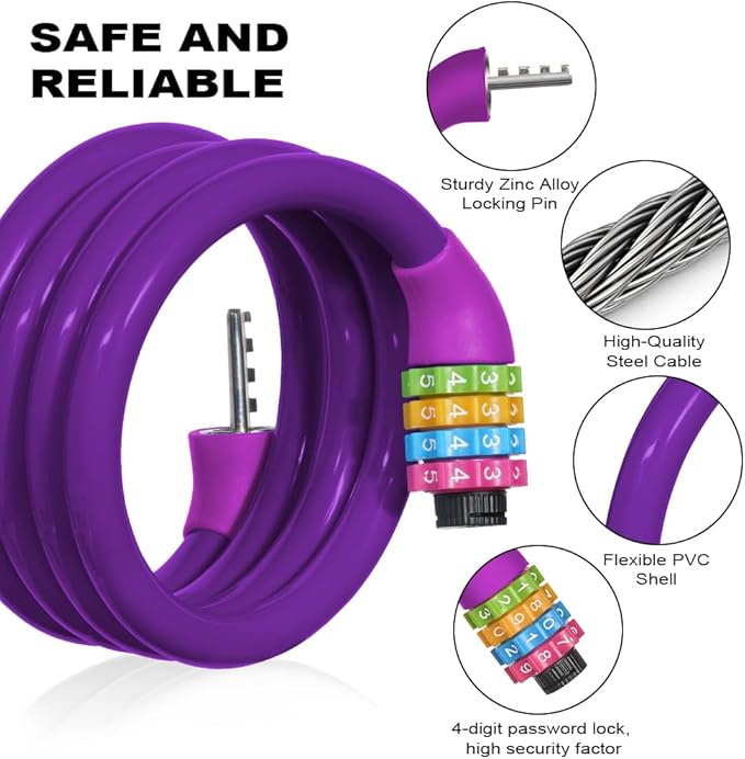 Bike Lock, 25 inch Bike Lock Cable, Portable Anti Theft 4 Digits Codes Cable Locks, Resettable Combinations Coiling Bicycle Lock for Bike, Motorbike, Scooter, Skateboard, Gate, Fence (Purple)
