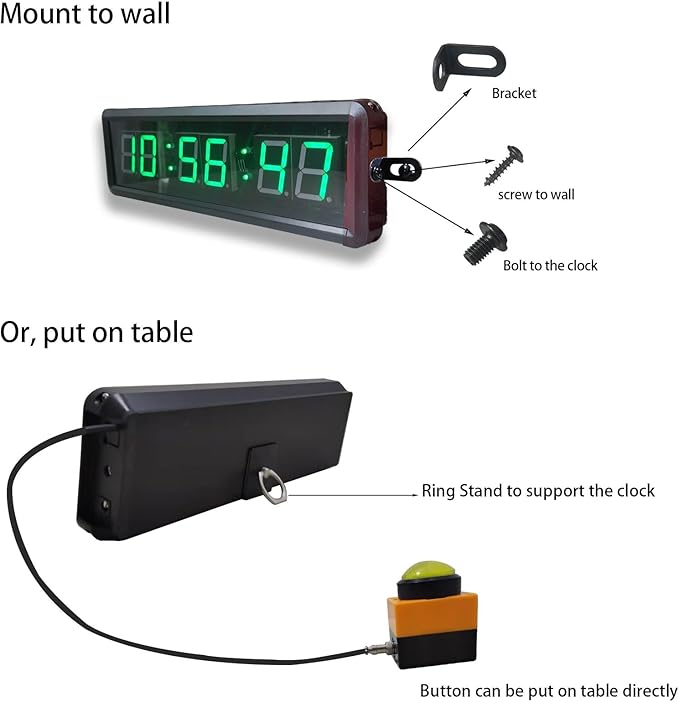 Countdown Timer Clock, Large Stopwatch with Tap Button, Support Count Up & Real Time Function, Ideal for Indoor Games & Sports, Wall Mount/Tabletop, 13.4x3.7in.