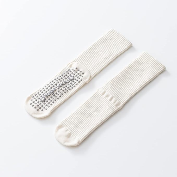 Yoga Pilates Socks with Grips for Women Non Slip Solid Colored Cushioned Crew Compression Socks for Barre Ballet Dance