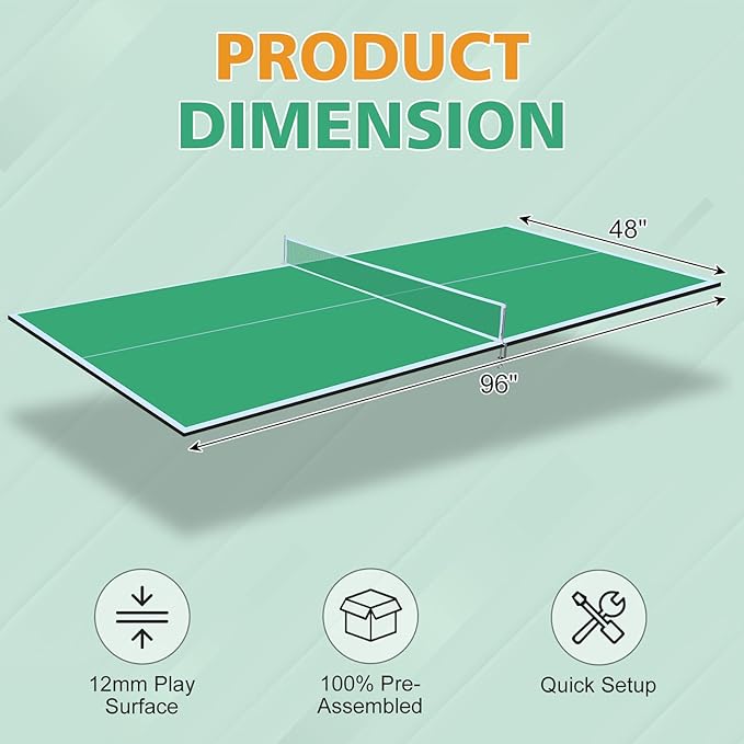 7/8/9ft Mid-Size Ping Pong Conversion Top with Net Set for Billiard and Pool Tables - Regulation Top Converts Billiards into Ping Pong Table Blue/Green/Black