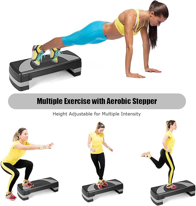 GYMAX Adjustable Aerobic Stepper, 3-Level Height Workout Platforms with Non-slip Pads, Shock-absorb & Anti-slip Surface, 31” Exercise Step Platform with Detachable Risers