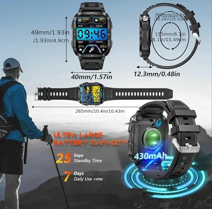 KT79 Military Smart Watch for Men with LED Flashlight Watch 2.0'' Big Screen Tactical Smartwatch Fitness Tracker with Heart Rate Sleep Monitor Make Calls for iPhone Android (Black)